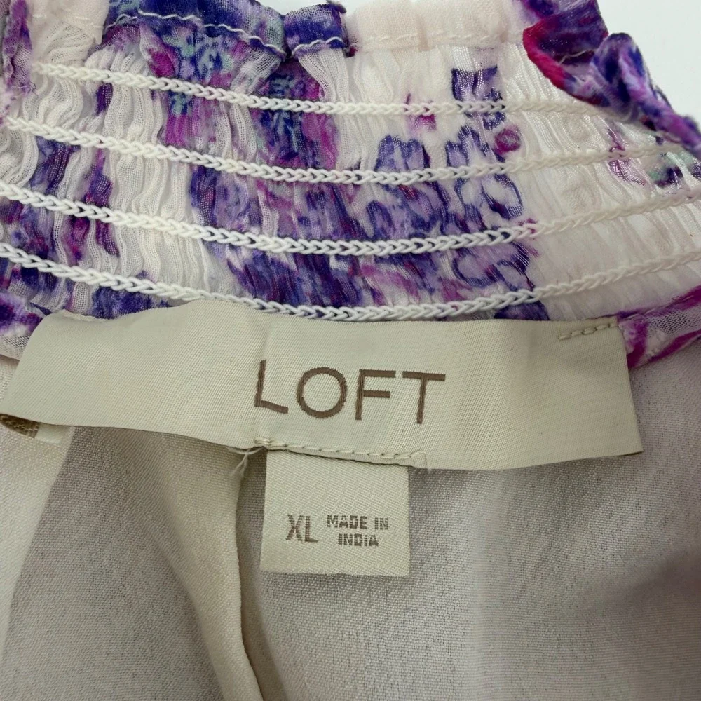 LOFT Womens‎ XL Purple Floral Smocked Neck Puff Sleeve Clip Dot Blouse Top